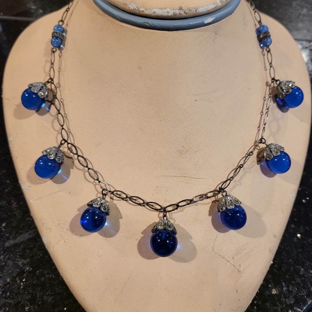 Victorian Style 17" Blue Glass Silver Toned Choker Necklace